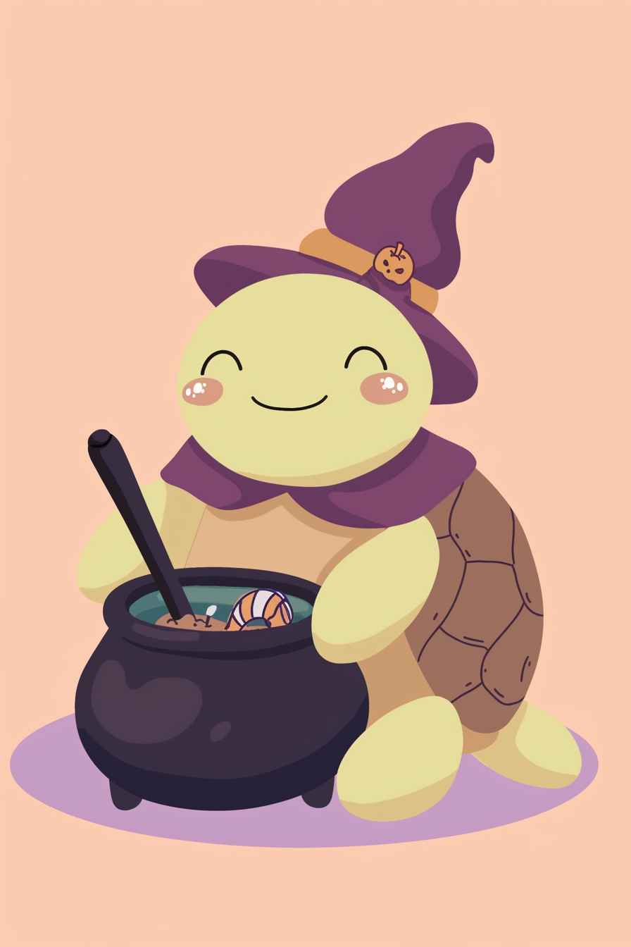 halloween cute animals drawings 2, featuring a delightful turtle dressed as a witch, stirring a cauldron.